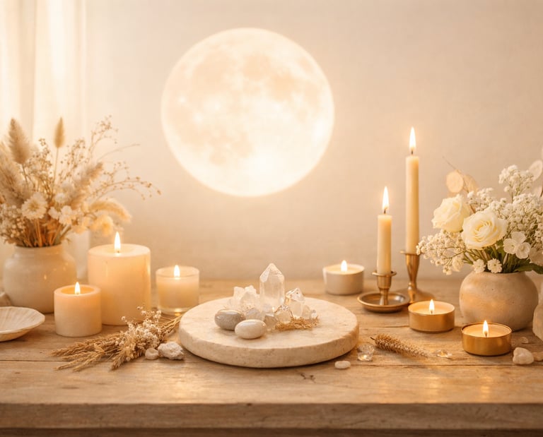 Altar de luna llena con velas y flores, ambiente cálido