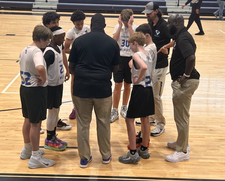 Wildcats basketball players standing around a basketball court