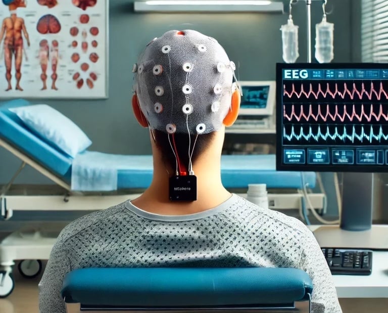 a person with a EEG cap on a chair