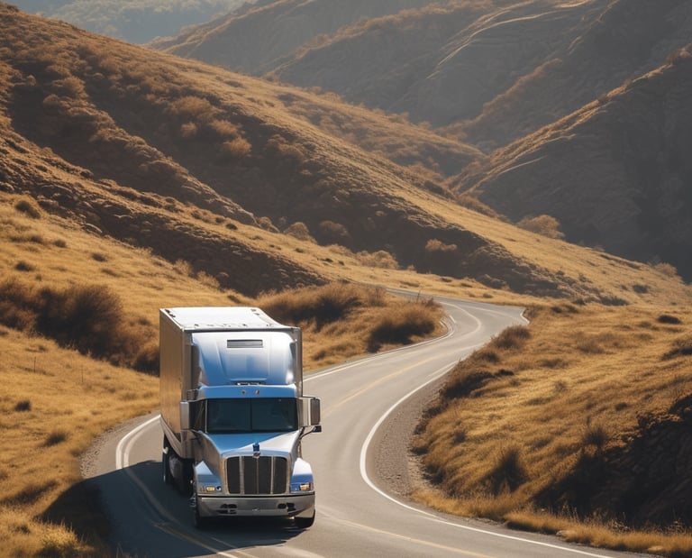 A large blue semi-truck with a long flatbed trailer travels on a wet road. The trailer is carrying white, bagged cargo. The surroundings are vibrant with autumn foliage and the sky is overcast, giving a moody yet serene atmosphere with hints of sunshine breaking through.