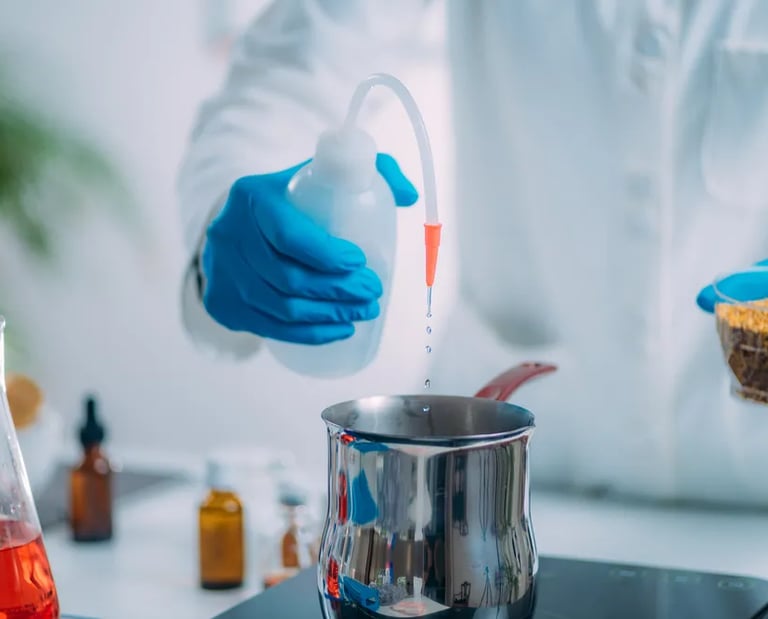 Fotografía de un experto trabajando en un laboratorio con paneles solares en la industria química farmacéutica.