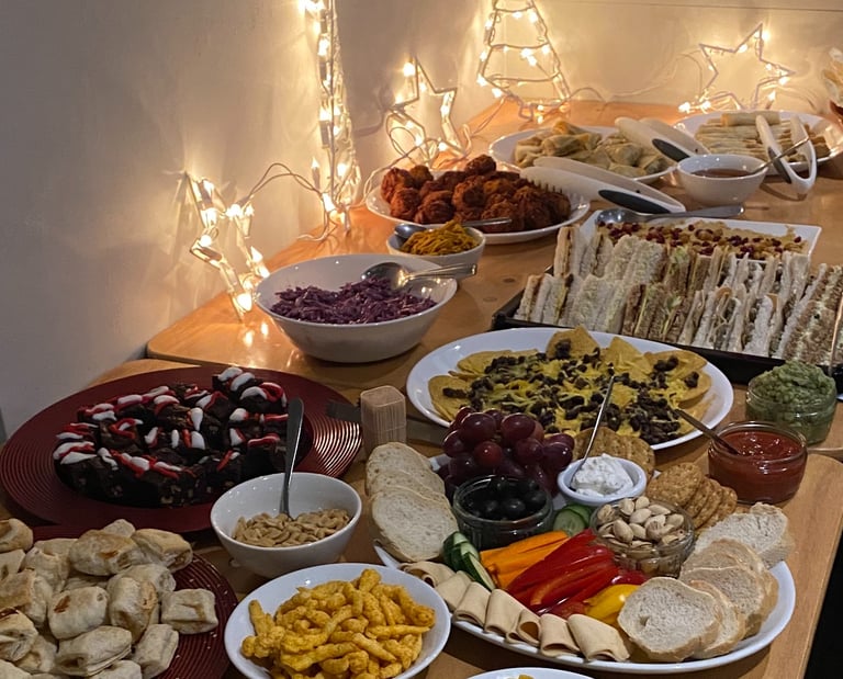 a table of vegan buffet food served at the ark northampton at christmas