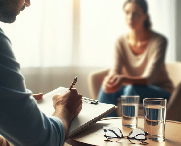 Ein Therapeut und eine Frau sitzen in einem Therapieraum und machen Therapie