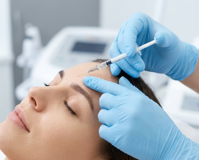 Close-up of a licensed physician in sterile gloves performing a precise neurotoxin injection (Botox/