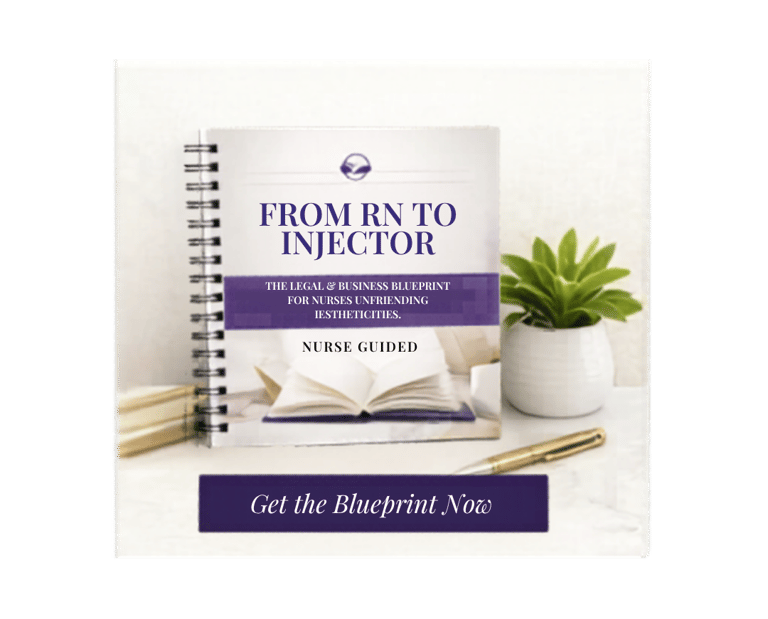 From RN to Injector blueprint guide for aesthetic nurses on a desk with a plant.