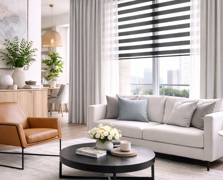 Modern living room with black and white zebra shades, minimalist furniture, and natural light