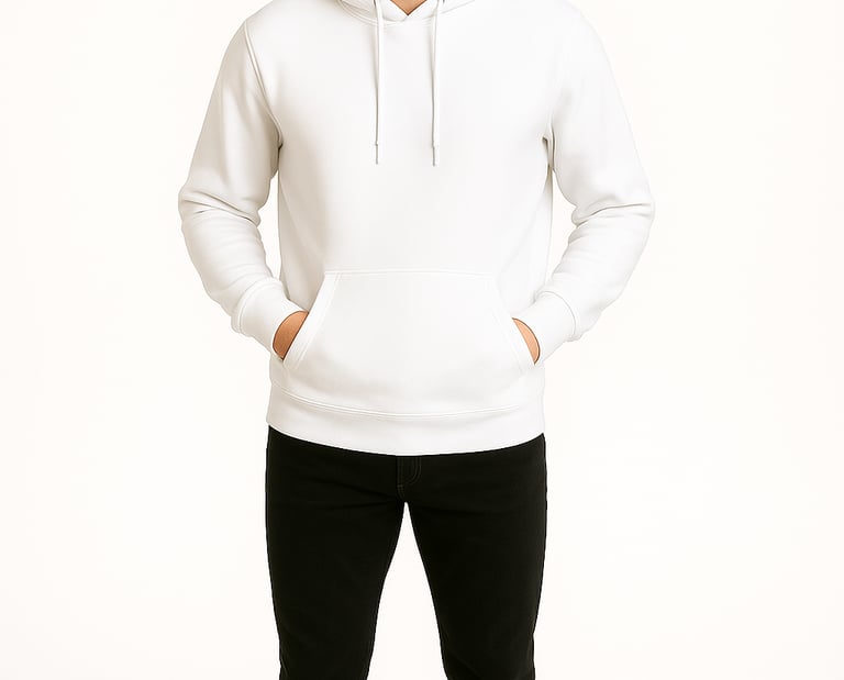 a man in a white hoodie and black pants