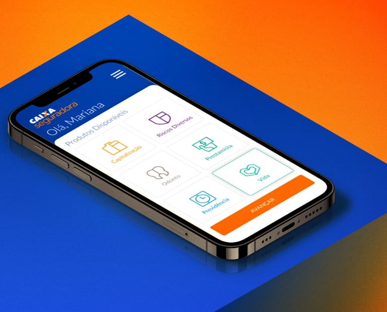 Smartphone displaying the Caixa Seguradora insurance mobile app with icons for life and dental plans.