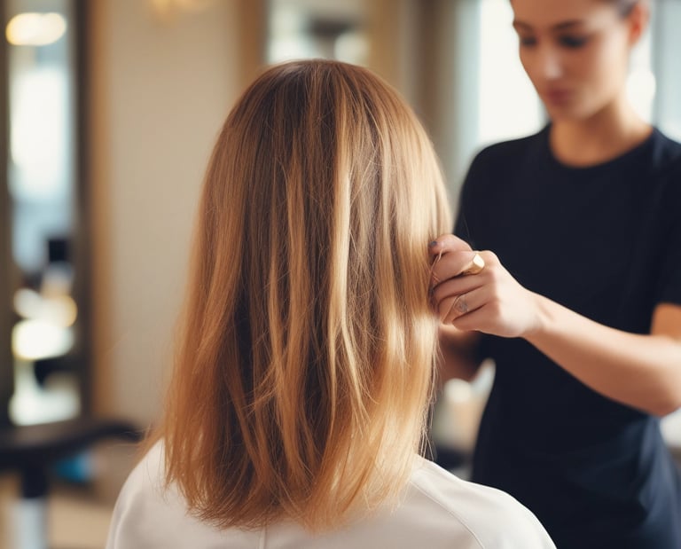 A barbershop or salon setting with black leather chairs and mirrors. The interior features a modern design with sleek lines and minimalist décor, including glass shelves and dark wooden cabinets. The room appears tidy and well-organized, creating a professional and upscale atmosphere.