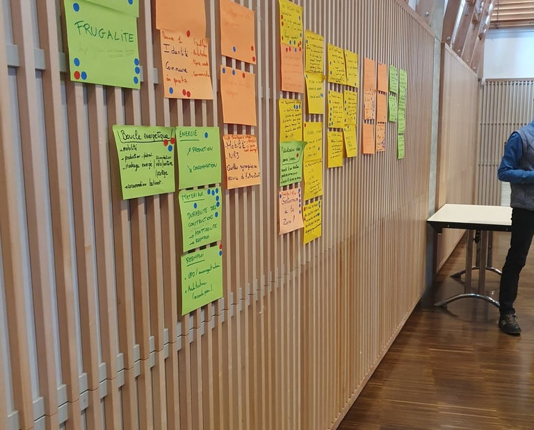 a person standing in front of a wall with post it notes on it