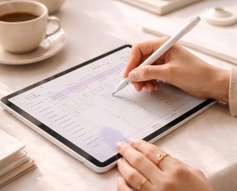 Mains créant un produit digital sur tablette, comme un planner ou un template.