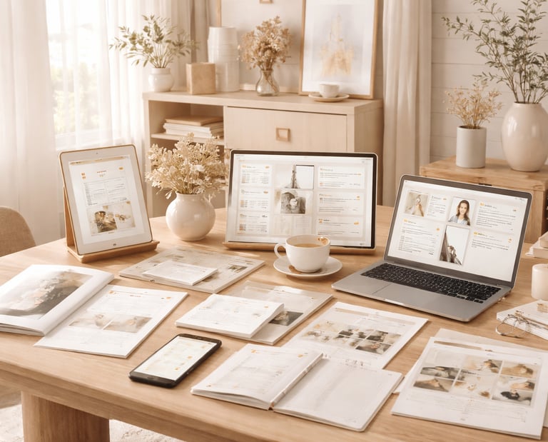 Espace de travail lumineux présentant différents produits digitaux Maison Orlanor, comme des planner