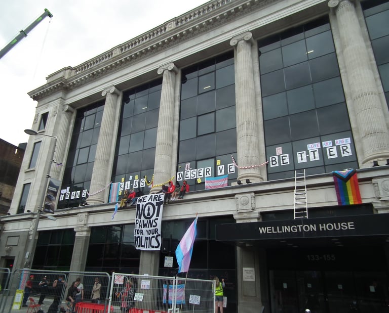 Activists sitting on top of NHS England offices with a banner "we are not prawns for your politics"