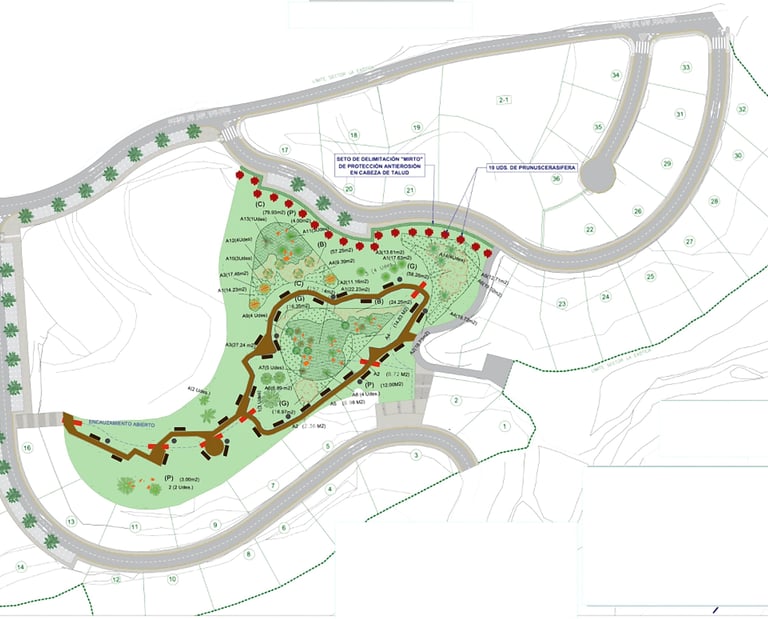 Masterplan de Terrazas de La Exótica con numeración de parcelas.