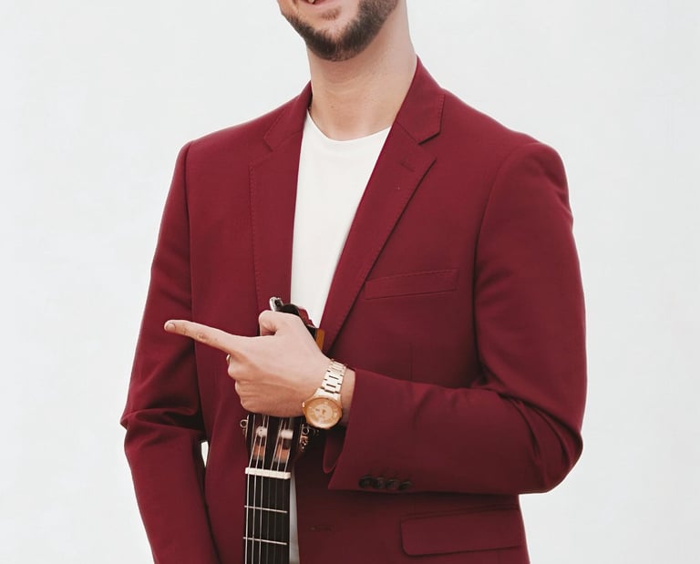 A smiling male musician in a maroon suit holding an acoustic guitar against a white background.