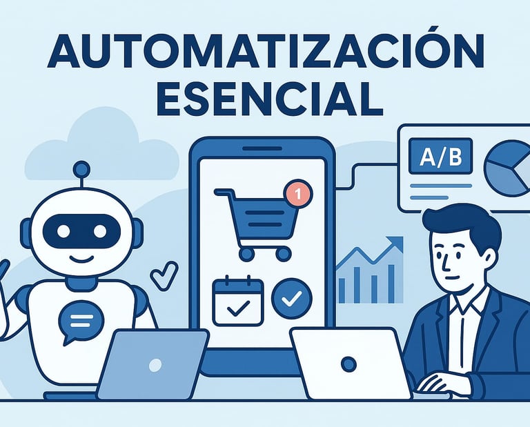 Ilustración de un robot y un profesional usando laptops, con íconos de carrito de compras, calendario y análisis A/B. Represe