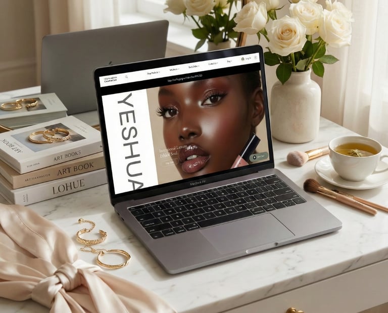 Luxury cosmetics website displayed on a laptop on a vanity desk with white roses and gold jewelry.