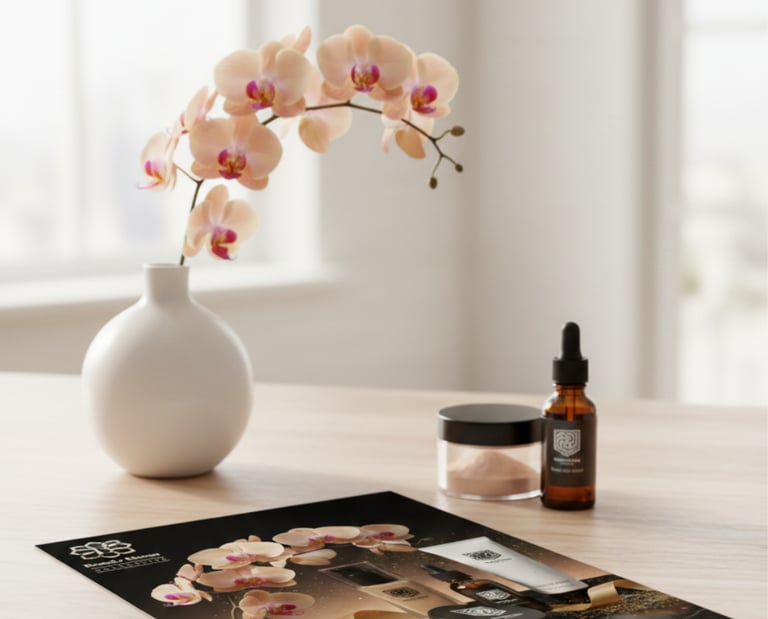 Luxury skincare products and a brochure displayed on a desk with a blooming orchid vase.