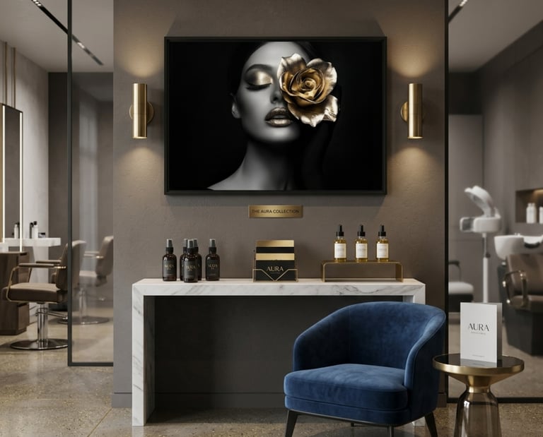 Luxury beauty salon interior featuring a blue velvet chair, marble console, and black and gold wall art.