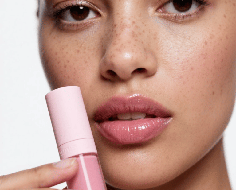 Woman wearing pink lip gloss