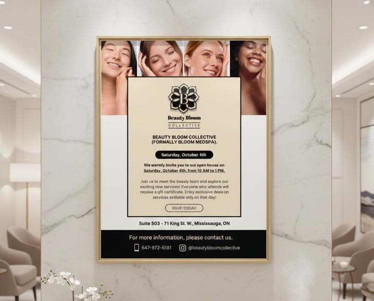 Beauty Bloom Collective open house event poster displayed in a modern medical spa reception area.