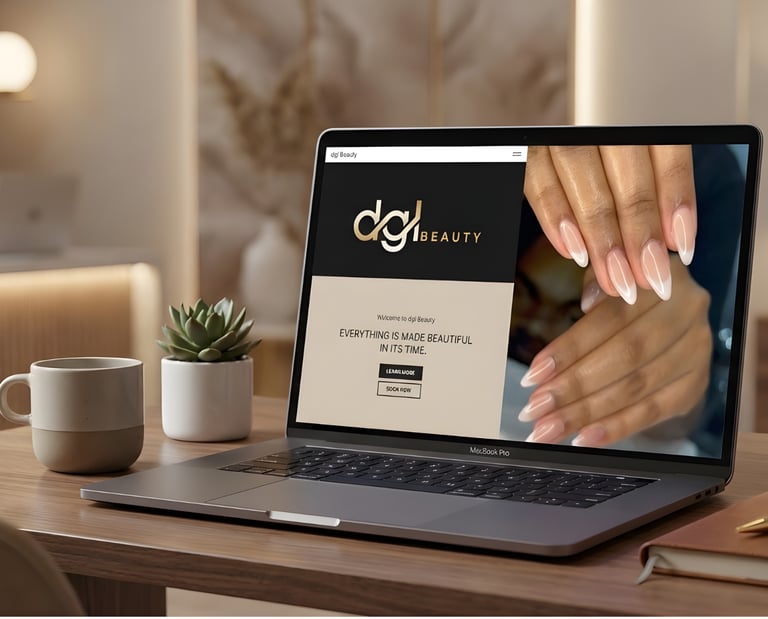 A MacBook Pro displaying a luxury nail salon website on a wooden desk with a coffee mug and small plant.