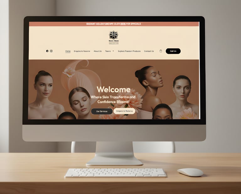 A desktop computer displaying a modern skincare clinic website design on a wooden office desk.