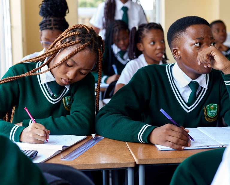 Students in green school uniforms taking notes and studying in a high school classroom.