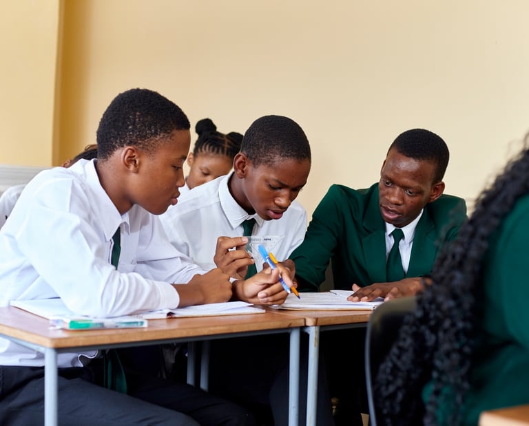 Students in school uniforms collaborating on classwork at a wooden desk in a bright classroom.