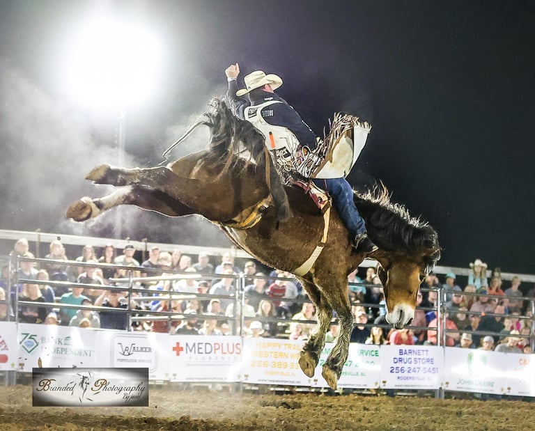 A professional cowboy competing in a bareback bronc riding event at a night rodeo arena.