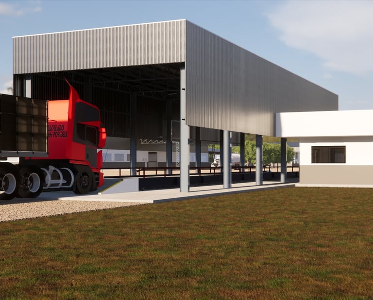 Estrutura coberta de balança para caminhões com casa de apoio administrativa na fazenda