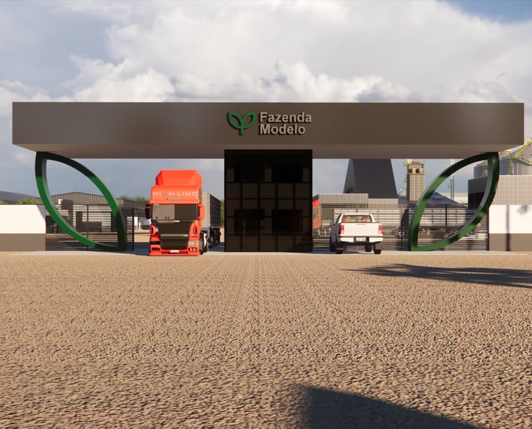 Guarita de entrada da fazenda com cobertura e área de controle de acesso