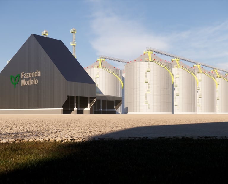 Estrutura completa com silos, moega fornalha e secador para armazenagem de grãos