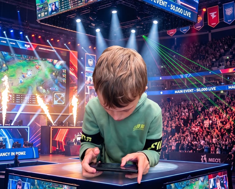 A young gamer plays on a mobile device at a large esports tournament arena with live audience and screens.