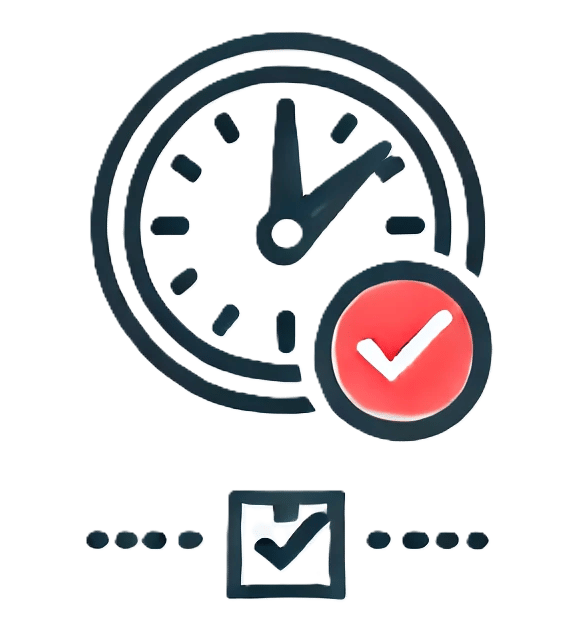 Ícono de un reloj con una marca de verificación, simbolizando puntualidad y cumplimiento.