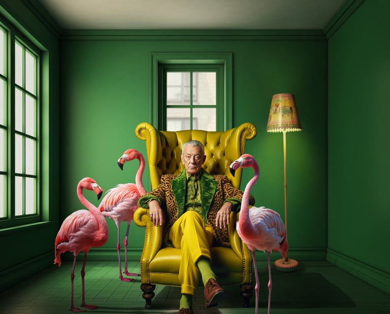 Un homme entouré de 3 flamingos