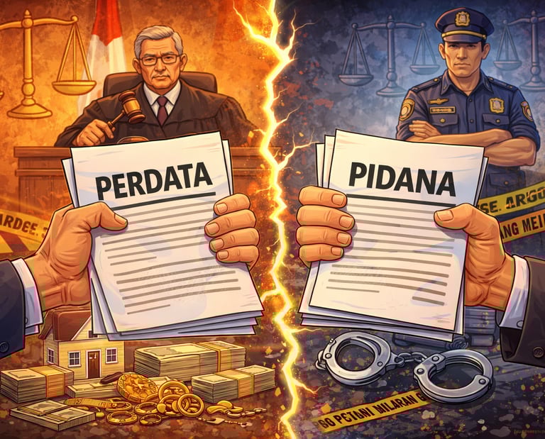 Comparison of Indonesian civil law (Perdata) and criminal law (Pidana) with judge and police officer.