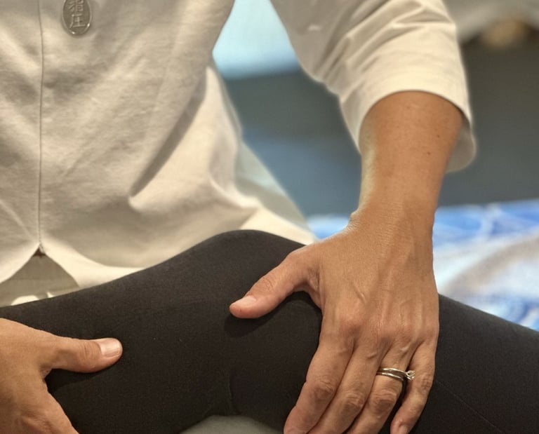 mani operatrice shiatsu su gamba