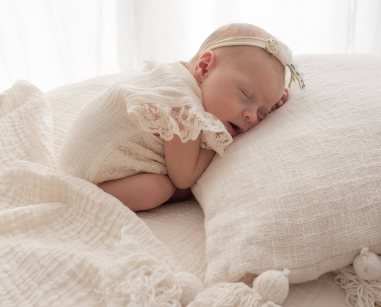 A newborn baby girl sleeping in a lace romper and headband on a soft white pillow Lincolnshire