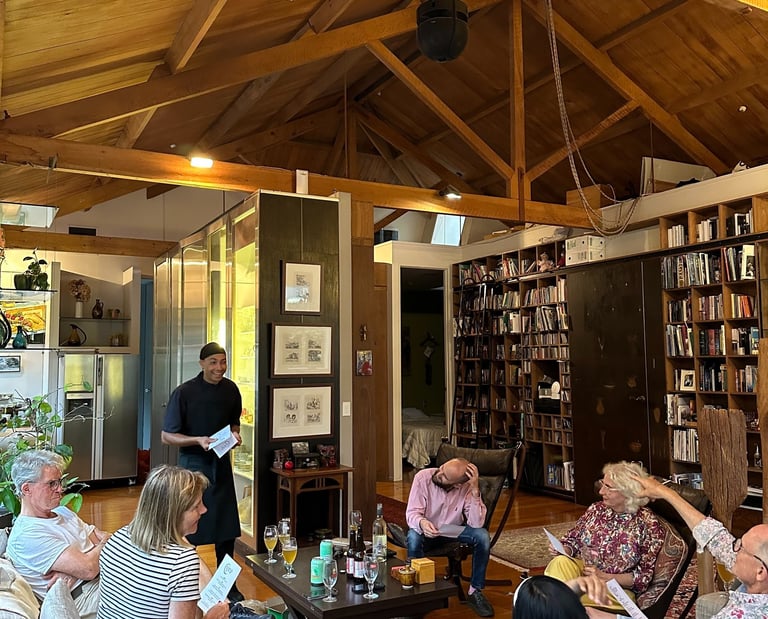 a group of people sitting around a table