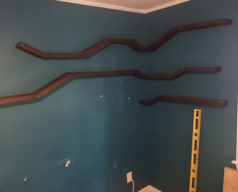 5 shelves installed, wrapping around corner