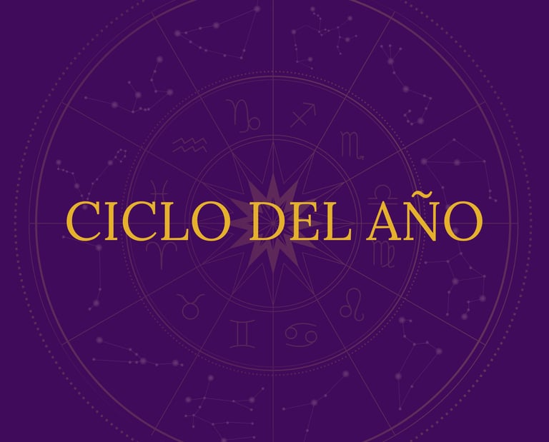 Purple zodiac wheel with gold text reading Ciclo del Año featuring astrological symbols and constellations.
