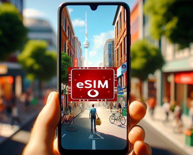 "Mano sosteniendo un smartphone con una eSIM de Vodafone activada