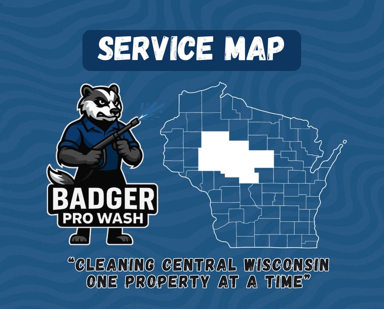 Badger Pro Wash's Service Map showing the areas of Eau Claire, Chippewa, Taylor County, Neillsville, Marshfield and Wausua