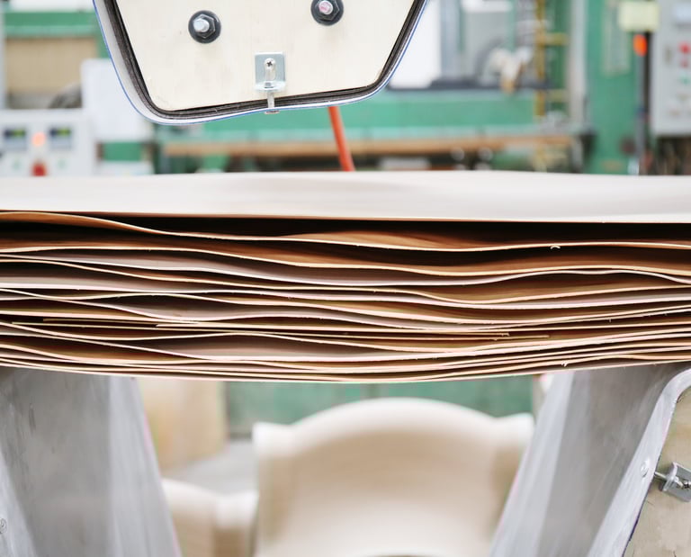 Stacked thin wood veneer sheets being processed in a furniture manufacturing plant.