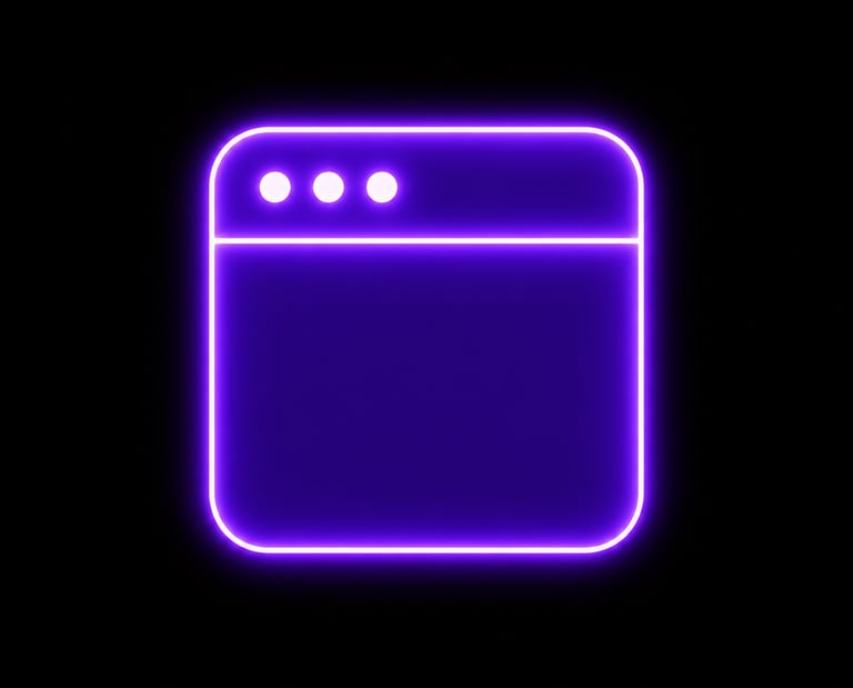 Glowing purple neon browser window icon isolated on a black background for web design.