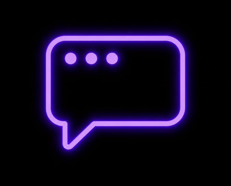 Purple chat bubble icon with three dots on a black background for messaging and communication.