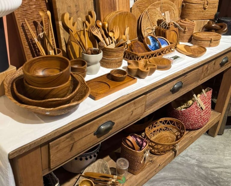 Collection of handcrafted teak wood kitchenware and woven rattan tableware displayed on a wooden buffet table.