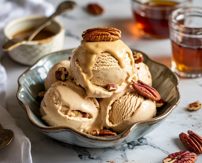 Scoops of vegan butter pecan ice cream in a bowl with candied pecans on top.