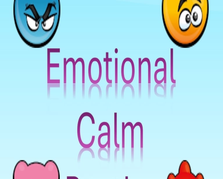 Colorful cartoon emotion characters surrounding the text Emotional Calm Puzzler on a blue background.